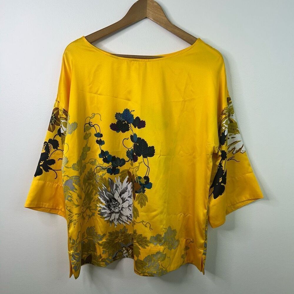 Soft Surroundings Yellow Floral Blouse Medium Satin Kimono Sleeve Tunic Top Boho